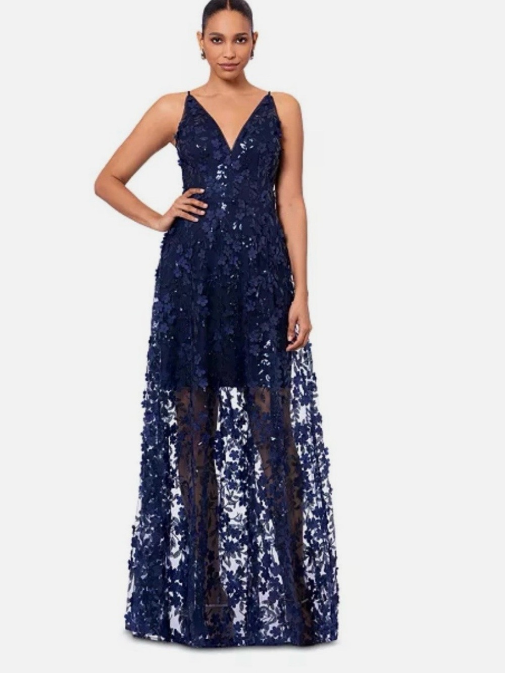 NWT Xscape Navy Floral High-Low Evening Gown